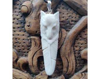 Bone Wolf Feather Spirit Totem, Handcarved Amulet Pendant