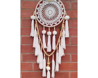 Large Meditation Vegan Dreamcatcher, Beige White, Crochet PomPom Tassels
