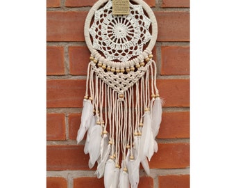 Crochet Dreamcatcher with macrame 16 cm White Natural