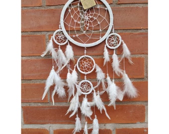 White Dreamcatcher,  5 Ring Pearlescent, Medium Size, White Feathers