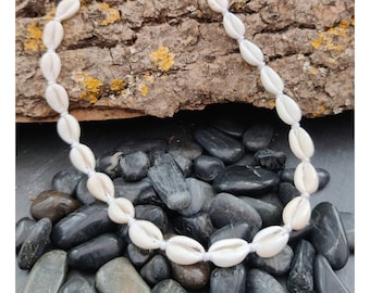 Cowrie Shell Choker Necklace, with White Cord, Boho Surf Beach