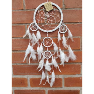 White Dreamcatcher,  5 Ring Pearlescent, Medium Size, White Feathers