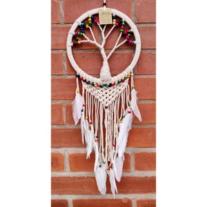 Natural White Cream Large Rainbow Tree of Life Dreamcatcher Macrame Wall Decor with White Feathers