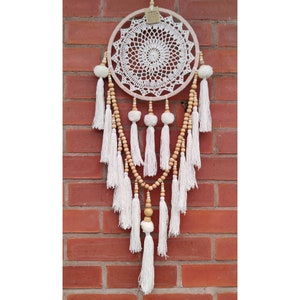 Large Meditation Vegan Dreamcatcher, Beige White, Crochet PomPom Tassels