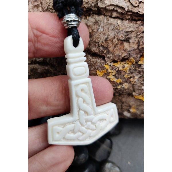 Bone Viking Mjolnir Pendant, White Thor's Hammer, Celtic Knotwork