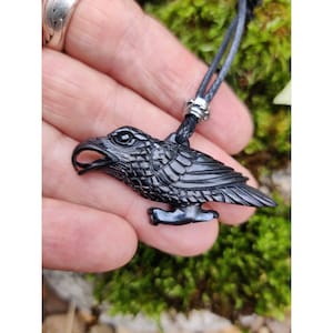 Bone Raven Crow Pendant, Hand Carved Raven Necklace, Black