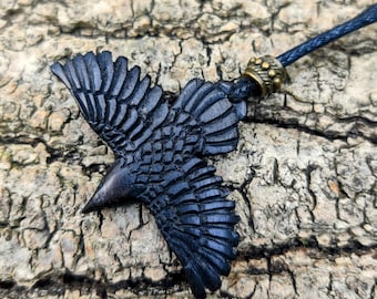 Raven Crow Wings Out Pendant, Hand-Carved from Black Iron Wood