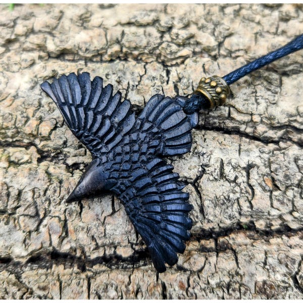 Raven Crow Wings Out Pendant, Hand-Carved from Black Iron Wood