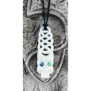 Bone Tiki Twist Pendant, Abalone Shell Eyes, Hand-carved in Maori Style