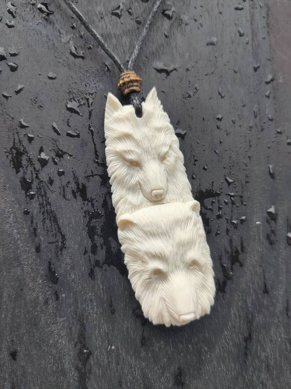 Bone Wolf Bear Spirit Totem Pendant Wolf Bear Amulet Etsy