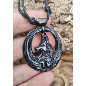 Black Bone Anubis, Egyptian Style Pendant, Hand Carved