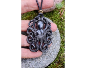 Bone Octopus Pendant, Hand Carved Black Kraken Necklace, Curly Tentacles