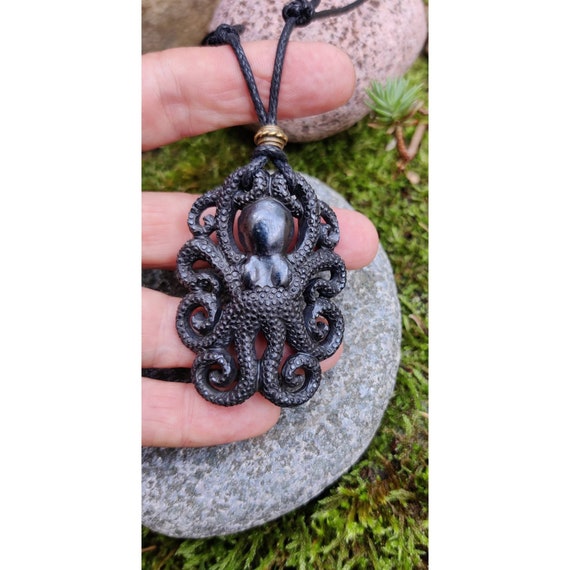 Bone Octopus Pendant Hand Carved Black Kraken Necklace Curly