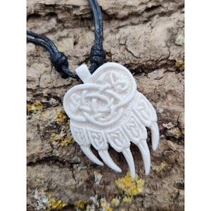 White Bone Bear Claw Pendant, Celtic Knotwork, Handcarved