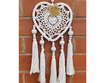 White Heart Dreamcatcher, Crochet with Tassels, Vegan Friendly