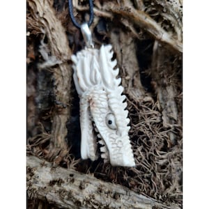 Dragon Head Pendant, Handcarved from Deer Antler, Silver Loop