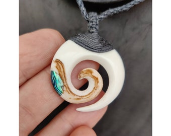 Bone Spiral Maori Style Pendant, with Paua Shell Inset, Eternal Wave