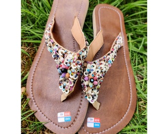 Cream Seed Bead Sandals, Sparkly Sequin Flip Flops