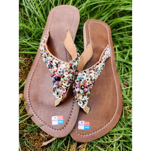 beaded flip flops women's