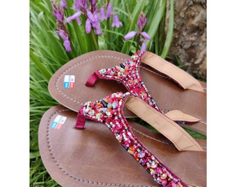 Red Seed Bead Flip Flops, Sparkly Sequin Sandals