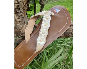 Cream Sequin Flower Sandals, Sparkly  Flower Flipflops