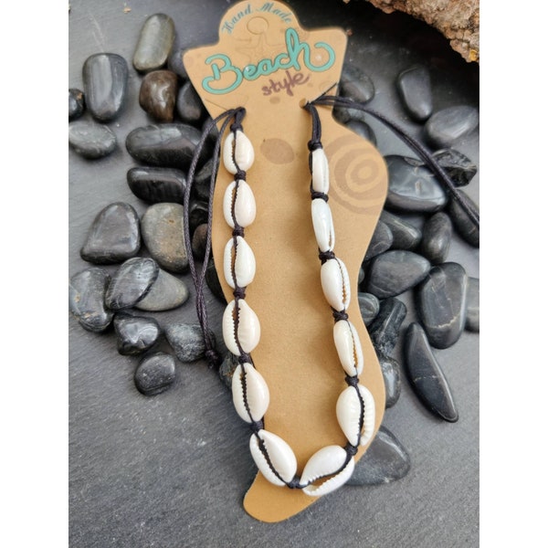 White Cowrie Shell Anklet, Black Cord, Ankle Bracelet