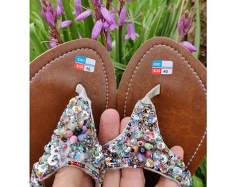 Silver Seed Bead Flip Flops, Sparkly Sequin Silver Sandals
