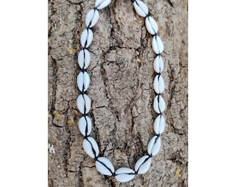 White Cowrie Shell Choker Necklace, Black Cord, Beach Jewellery