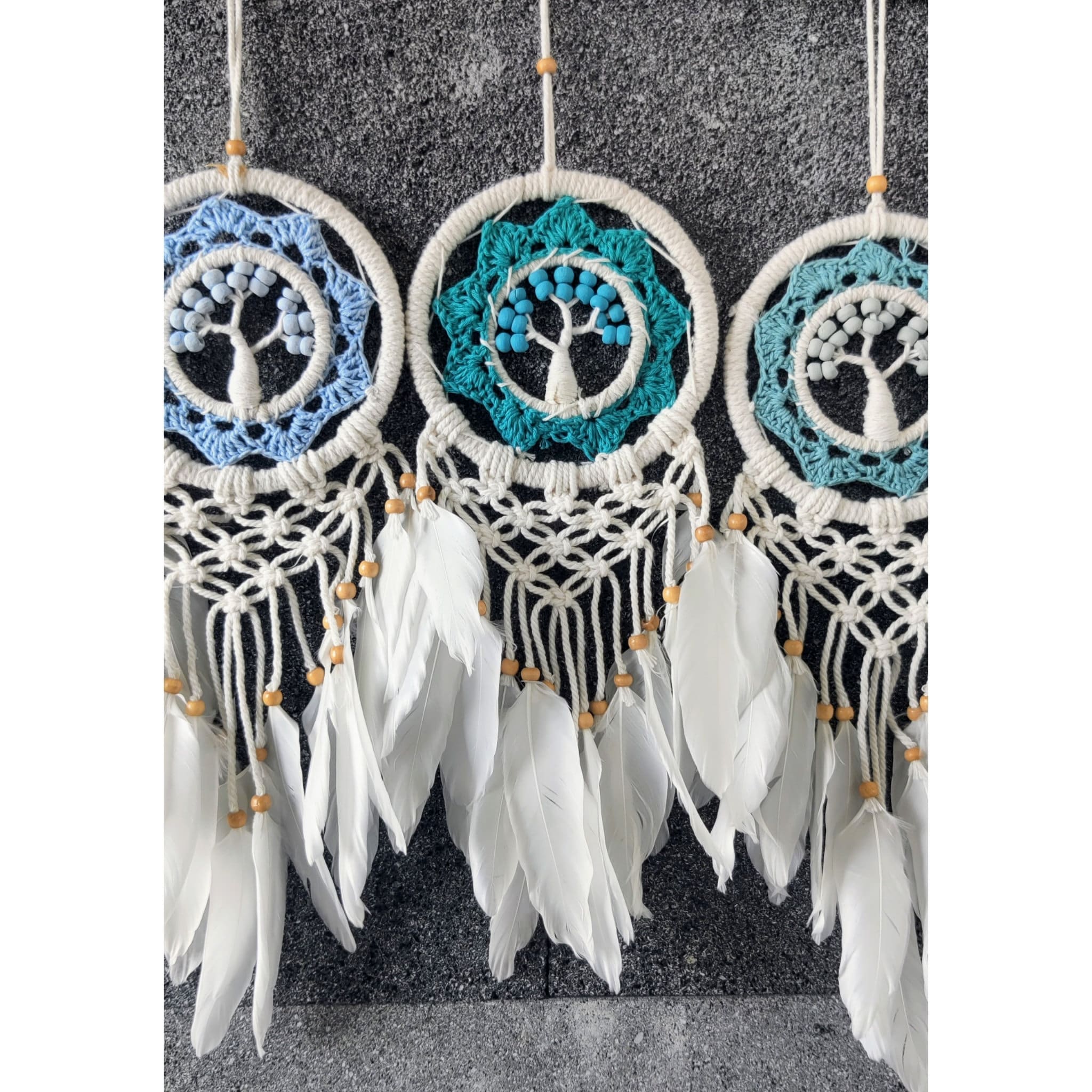 Tree of Life Crochet Dreamcatcher, Macrame Wall Hanging, Blue Teal Petrol
