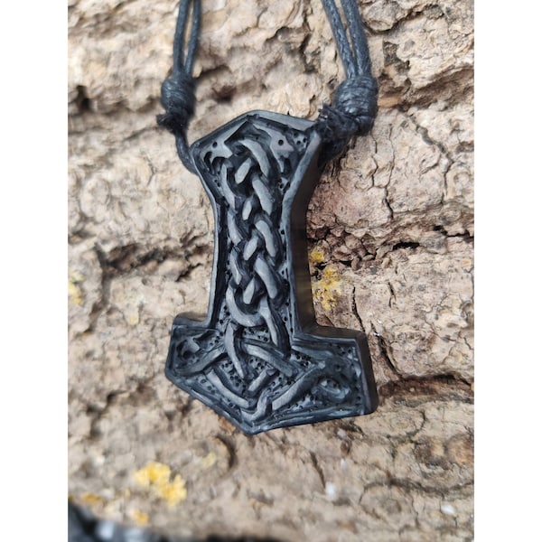 Bone Viking Mjolnir, Thor's Hammer Pendant, Hand Carved in Black