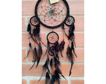 Black Dreamcatcher, Black Feathers, Medium Size 5 Rings