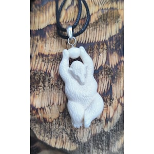 Bone Bear Pendant, Hanging Climbing Bear Necklace, Silver Loop