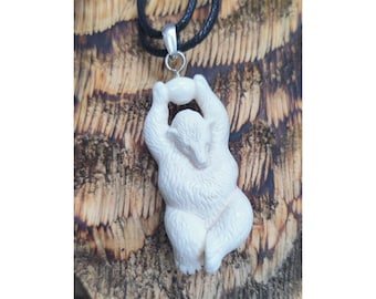 Bone Bear Pendant, Hanging Climbing Bear Necklace, Silver Loop