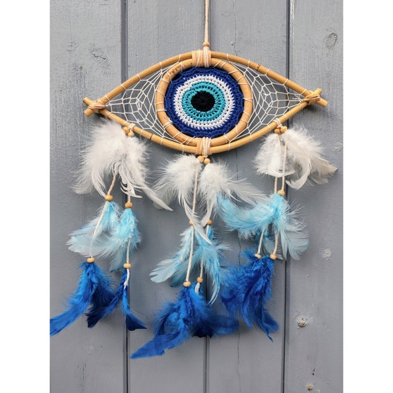 Evil Eye Dreamcatcher, Rattan and Crochet, Blue Feathers Turkish