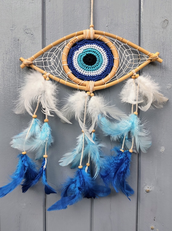 Evil Eye Dreamcatcher, Rattan and Crochet, Blue Feathers Turkish