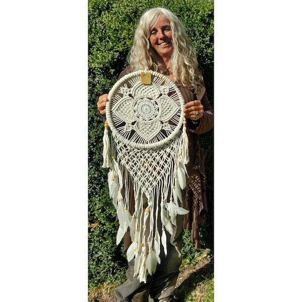 Very Large White Macrame Dreamcatcher, Mandala Wall Decor, Flower of Life