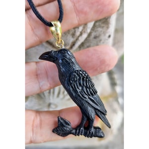 Raven Pendant, Hand Carved from Buffalo Horn, Black Raven Necklace