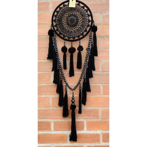 Large Black Crochet Meditation Dreamcatcher, Rosary Style, Beads and Tassels
