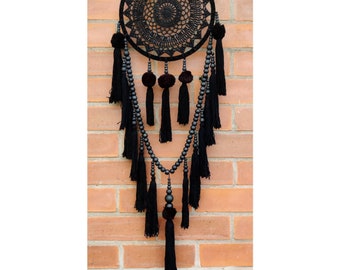 Large Black Crochet Meditation Dreamcatcher, Rosary Style, Beads and Tassels