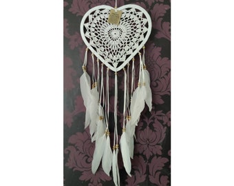 White Heart Crochet Dreamcatcher, 23cm Diameter, Heart Wall Hanging