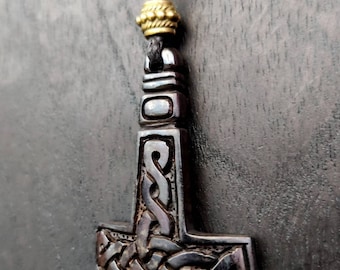 Bone Celtic Viking Hammer, Black Mjolnir, Thor's Hammer Pendant