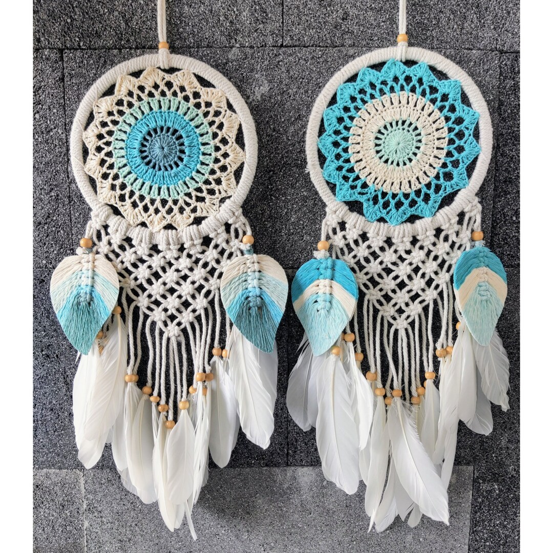 Crochet Dreamcatcher With Leaves, Macrame Wall Hanging, Turquoise