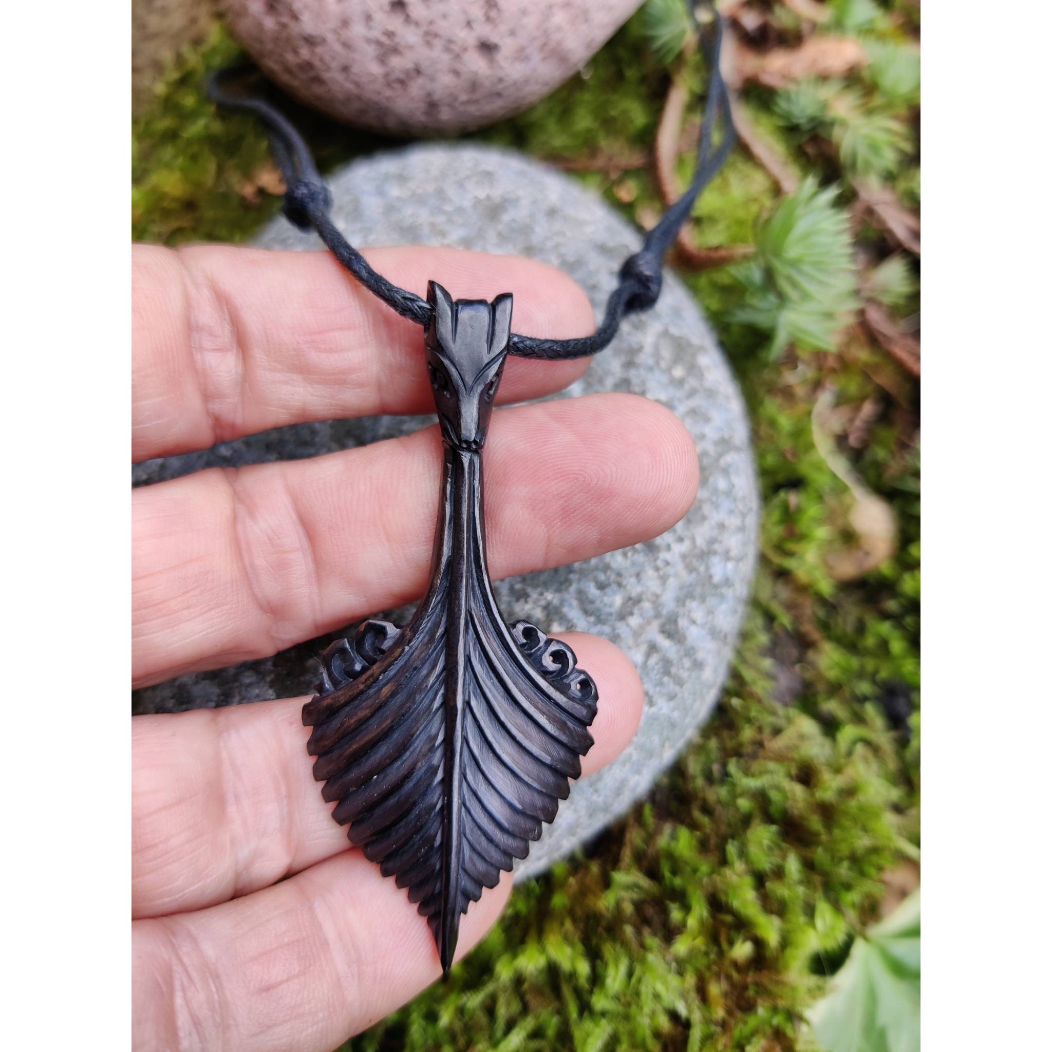 Bone Viking Longboat Pendant, Wolf Figurehead, Viking Ship Necklace