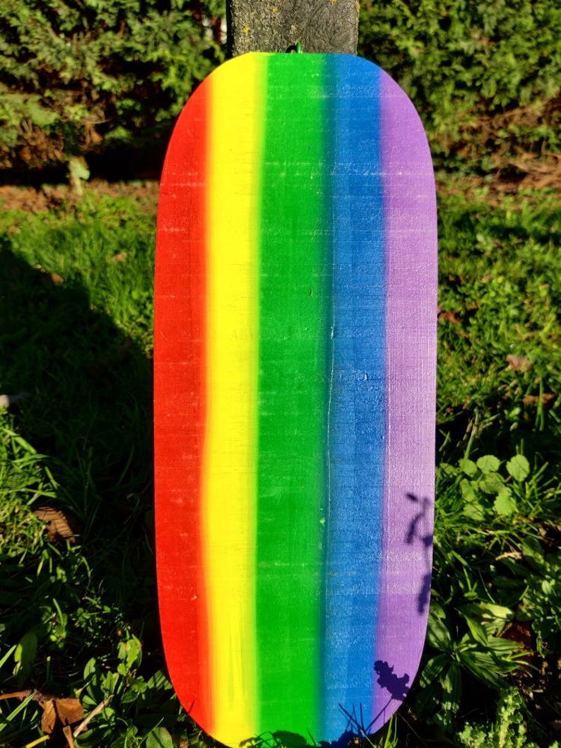 Pu&ograve; includere: Un pannello di legno arrotondato dipinto con i colori dell'arcobaleno. Il pannello &egrave; dipinto con strisce rosse, arancioni, gialle, verdi, blu, indaco e viola.