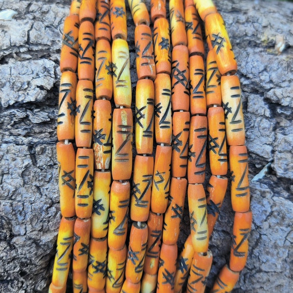 Yellow Orange Bone Tube Beads, Tribal Motif, 2.2 cm long