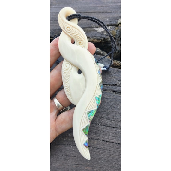 Extra Large Maori Style Pikorua Twist Pendant, Bone and Abalone Shell