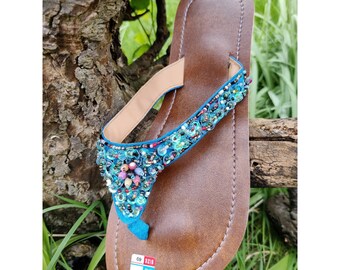 Turquoise Beaded Sequin Sandals, Jazzy Flip Flops, Sparkly