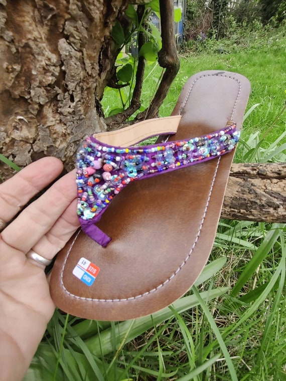 Purple Seed Bead Sandals Sparkly Sequin Flip Flops - Etsy