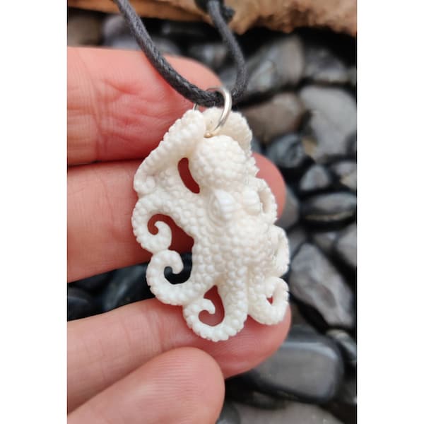 Bone Octopus Kraken Pendant, Handcarved, Curly Tentacles