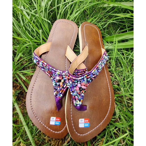 Purple Seed Bead Sandals, Sparkly Sequin Flip Flops